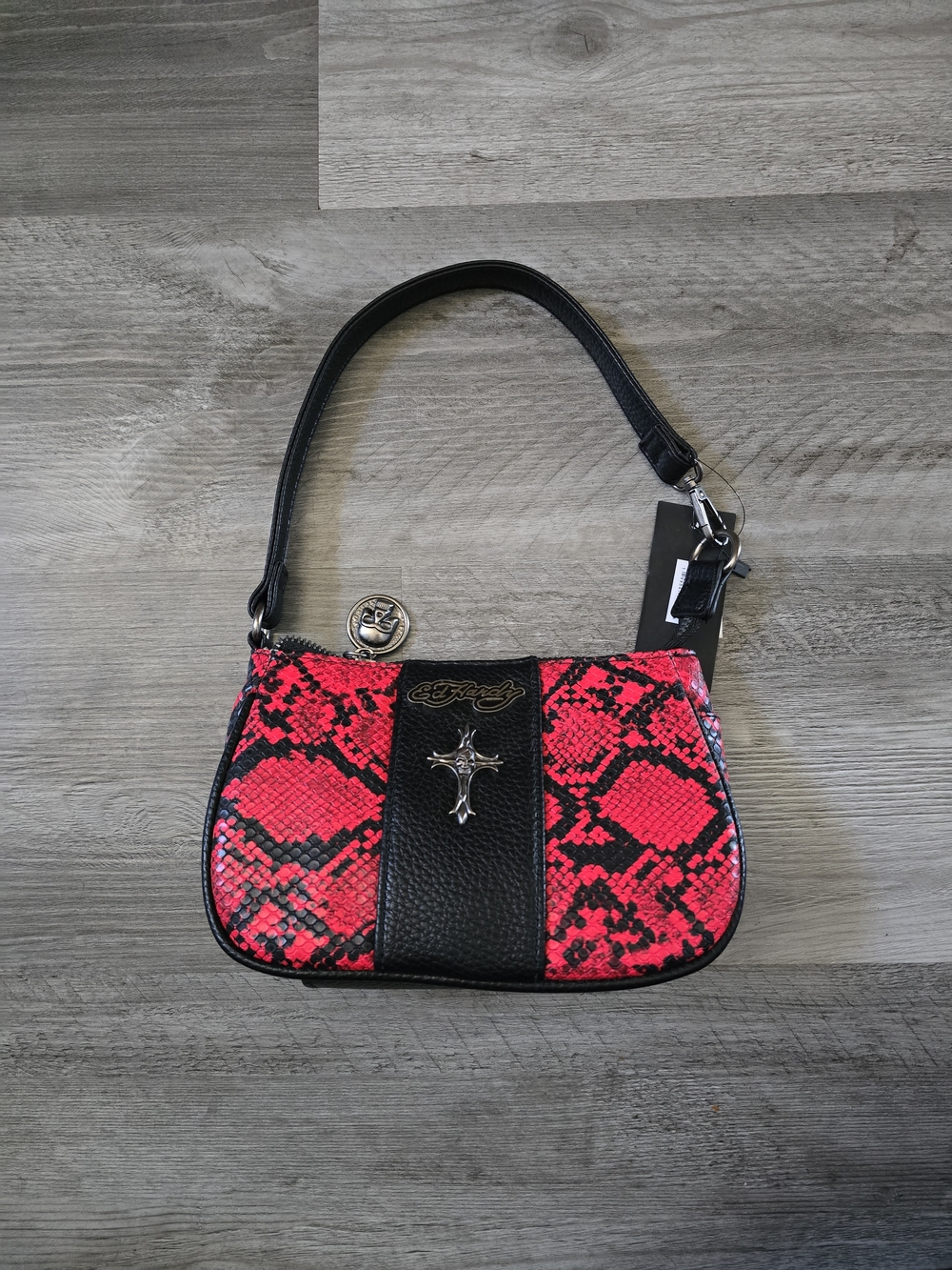 Ed Hardy Black & Red Snake-Print Shoulder Bag